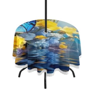 Imagem de ATTX Toalha de mesa redonda Blue Beautiful Butterflies Outdoor – 152 cm, impermeável, à prova de derramamento, uso interno/externo, com orifício para guarda-chuva com zíper para acampamento