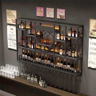 Imagem de HGTRH Rack de vinho montado na parede com luzes, unidade de bar, prateleiras flutuantes montadas na parede, prateleira de garrafa de vinho de ferro industrial, unidade de bar, prateleiras flutuantes
