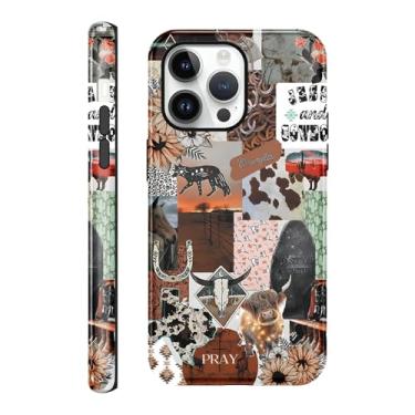 Imagem de Vulfwela Capa de telefone para iPhone 14 Pro Max 16,7 cm Western Boho Collage, 2 em 1, chapéu de cowboy rosa vintage cavalos cabeça de touro capa de telefone floral país oeste à prova de choque capa