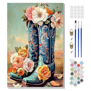 Imagem de DOMROM Kit de pintura emoldurada por números para adultos iniciantes com cavalete de madeira, kit de pintura de botas de cowboy DIY por número em tela, kits de pintura a óleo DIY para decoração de