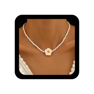 Imagem de Xduargs Colar Boho com contas de sementes havaianas, colar de flores tropicais, pequenos colares de corrente com contas de arroz, vintage, colares florais tropicais, joias para mulheres (rosa), Zinco