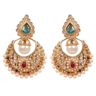 Imagem de Touchstone Brinco indiano Bollywood Desire tradicional indiano motivo floral forma de pera strass joia designer brincos de lustre em tom dourado antigo para mulheres.