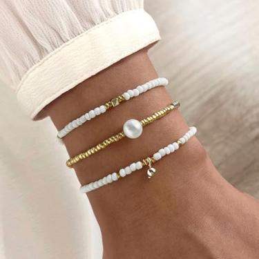 Imagem de Pilha de pulseira de pérolas para mulheres, pulseira de ouro, pulseiras de contas para mulheres, joias empilháveis com contas, presentes para mulheres, pulseiras para mulheres, conjunto de joias