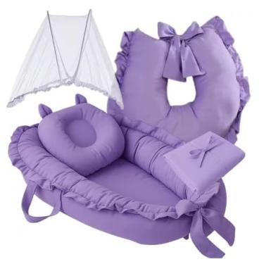 Imagem de KIt enxoval Ninho Redutor de Berço Almofada Amamentação Cobertor Toalha Banho Mosquiteiro Kit 5 Peças (4 Peças Roxo)