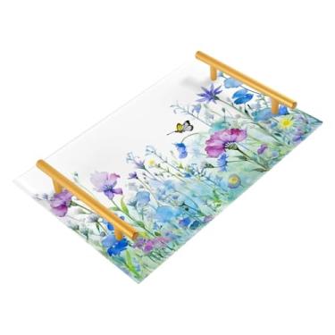 Imagem de Wassud Bandeja de banheiro com alças, campo de flores em aquarela (2) organizador de perfume de joias de acrílico para balcão de cozinha de banheiro 30 x 20 cm