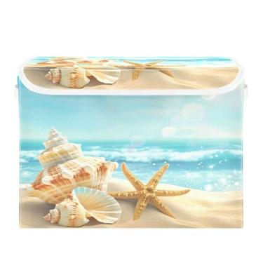 Imagem de CEBUGI Caixotes de armazenamento com tampas, caixa de armazenamento de tecido dobrável, organizadores de cubo de cena de praia para prateleiras de quarto de armário de casa 40 x 30 x 30 cm