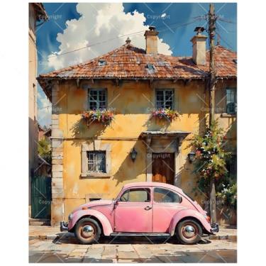 Imagem de Kit de pintura de cena vintage por números para adultos - DIY rosa clássico carro e casa amarela pintura em tela, conjunto de tinta acrílica, adequado para iniciantes, arte para decoração de casa ou