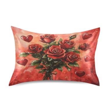 Imagem de JUZIHAI Fronha de cetim rosa para Dia dos Namorados, fronha de seda suave e fresca, fronha de seda com fecho de envelope macio e respirável para cabelo e pele, tamanho king 50,8 x 101,6 cm x 1