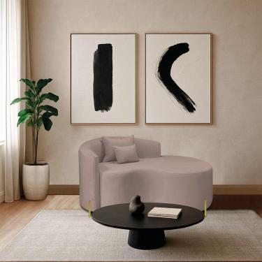 Imagem de Divã Recamier Curvo Sala De Estar Recepção Inglaterra 150cm Pés Metal Dourado Lado Direito Linho Rosê