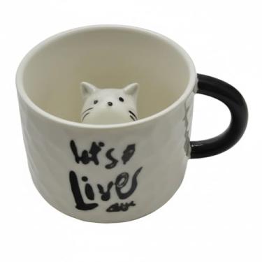 Imagem de Xícara de Cerâmica com Gatinho Surpresa, 220ml, Branca com Alça Preta, Interior com Gato Cinza, Decorativa para Café e Chá, 9x9cm