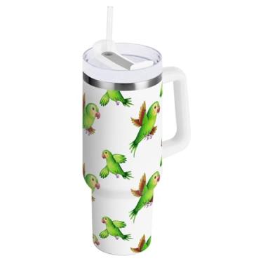 Imagem de Copos de copo com isolamento de papagaios verdes fofos de 1,134 g com canudo e alça, copos com isolamento duplo com tampa 2 em 1