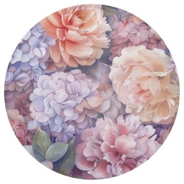Imagem de Jogo americano de cozinha com flores de peônia pastel, conjunto de 1 tapete de mesa lavável de PVC redondo de 38 cm