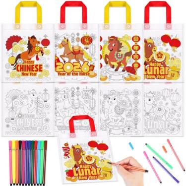 Imagem de HOWAF 8 peças de sacos de guloseimas para colorir ano novo chinês com canetas de tinta, sacos de doces para colorir ano de cavalo 2026 para suprimentos de jogo de ano novo lunar, bolsa de lona