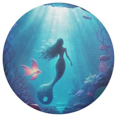 Imagem de Jogo americano subaquático sereia azul círculo conjunto de 1 tapete de PVC 38 cm para mesa redonda à prova de calor para festa de Natal