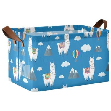 Imagem de Organizador de toalhas para armário para armazenamento de quarto, caixas de armazenamento dobráveis para prateleiras com alças, lindas cestas organizadoras azuis de lhamas 40 x 29 x 25 cm, 1 pacote