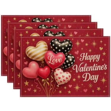 Imagem de HOMETITUTE Jogo americano Happy Valentine's Day, conjunto de 4 tapetes de mesa de balão de coração de 30,5 x 45,7 cm para jantar, roupa de cama, decoração de cozinha de fazenda, tapete de mesa para