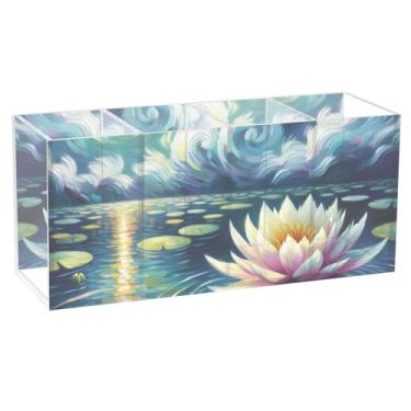 Imagem de TSENQUE Porta-lápis de mesa personalizado, fofo, estrelado, noite, lírio de água, azul, acrílico, porta-pincéis, papelário, caneta, caneta, suporte para mulheres, 20 cm x 6,3 cm x 9 cm