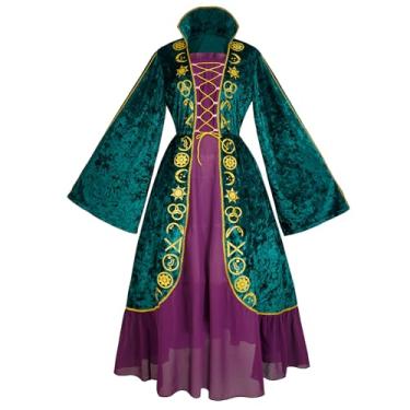 Imagem de Lahnimm Fantasia feminina de Halloween Hocus Pocus para cosplay de irmãs de bruxa, vestido longo de bruxa medieval (grande, Z3503)