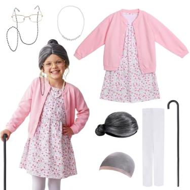 Imagem de Nihaoya Fantasia de avó para crianças, fantasia de senhora para idosa, 9 peças, acessórios para peruca, roupa de vestir, 100º dia de escola, tamanho P (5-7 anos)