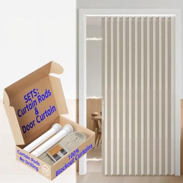 Imagem de Cortina de porta AJAZZ 100% blackout sanfonada para porta de armário invisível aplicável quarto sala de estar porta (1 pacote, 147 L x 198 C, branco creme + varão)