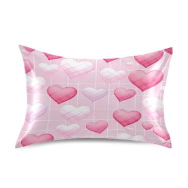 Imagem de Blueangle Fronha de cetim refrescante para cabelo e pele, capa de travesseiro de coração rosa, tamanho padrão 51 x 66 cm com fecho de envelope (150)