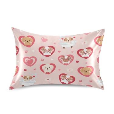 Imagem de Wassud Capa de almofada de cetim para cabelo e pele com corações e corações de cães com desenho animado para cabelo e pele, capas de almofada respiráveis tamanho queen com fecho de envelope