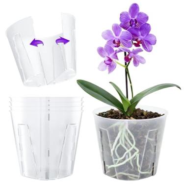 Imagem de MIXC 6 pacotes de vasos de orquídea de 12,8 cm com furos e design de fenda lateral para facilitar o replantio, plantas de flores de plástico transparente respirável com ranhuras, vasos de berçário com
