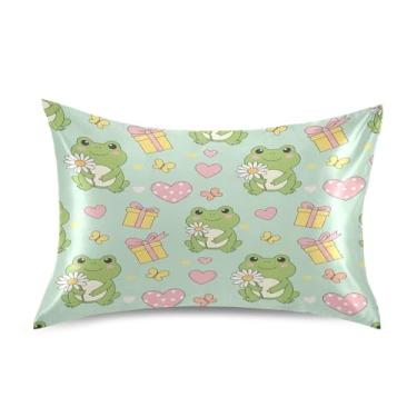 Imagem de Blueangle Fronha de cetim refrescante para cabelo e pele, capa de travesseiro de sapos verdes dos namorados, tamanho Queen 51 x 76 cm com fecho de envelope (819)