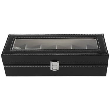 Imagem de GLOGLOW Caixa de Relógio para Armazenamento de Joias Com 6 Slots, Couro PU de e Madeira, Preto, 11,8 X 4,3 X 3,15 Polegadas, Janela de Vidro Transparente, Fecho de Metal e Suprimentos de
