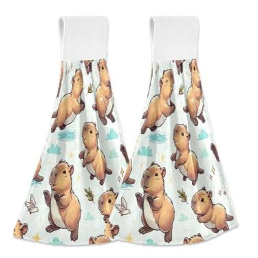 Imagem de Joitme Lindas toalhas de mão capivara penduradas com laço, pacote com 2, panos de prato macios de lã coral absorvente para cozinha, banheiro, toalhas decorativas para amarrar no forno com fixador