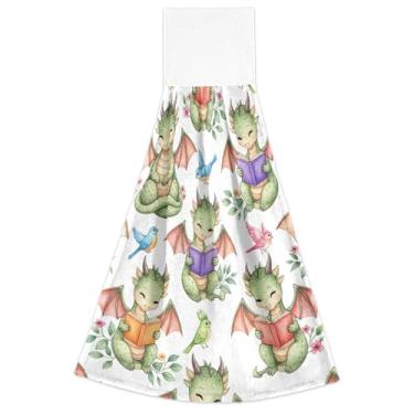 Imagem de Joisal Toalhas de mão de outono com laços para pendurar dragões fofos desenhos animados verde forno toalhas de gravata conjunto de 2, toalha de cozinha absorvente macia fofa decorativa, 46 x 35