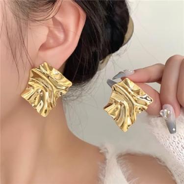 Imagem de Brincos geométricos dourados plissados para mulheres, luxuosos, vintage, brincos dourados, acessórios de moda leves, Medium, Metal, Sem pedra preciosa