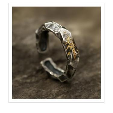 Imagem de Anel masculino ajustável com padrão solar, anel aberto de latão banhado a prata, Latão banhado a prata, Sem pedra preciosa