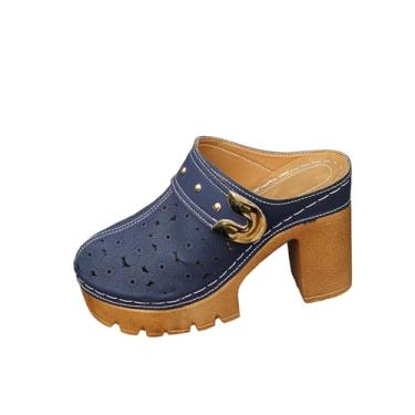 Imagem de Pantufas femininas casuais de vários tamanhos, salto plataforma, bico fechado, bico redondo, design para primavera, verão, uso externo e interno, Azul marino, 35