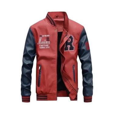 Imagem de Jaqueta Bomber De Couro Bordada Slim Fit Masculina Casaco De Inverno L