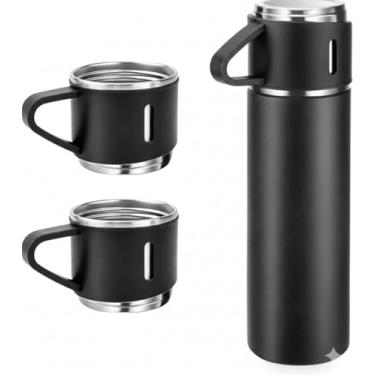 Imagem de Kit Garrafa Térmica Inox 500ml com 3 Xícaras, Ideal para Viagem Trabalho e Lazer – Design Moderno e Resistente Conserva Bebidas por Horas