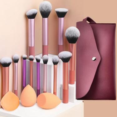 Imagem de Conjunto de pincéis de maquiagem profissional – 12 pincéis clássicos, 2 esponjas de maquiagem (bisel e gota de água), 1 pó de sopro | Kit completo para base, mistura, acabamento (multicolorido 2)