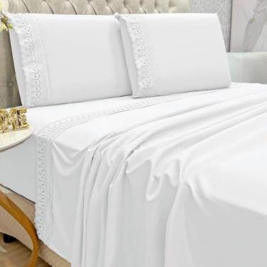 Imagem de Jogo De Lençol Clara Queen 4 Peças Micropercal 300 Fios Bordado Inglês