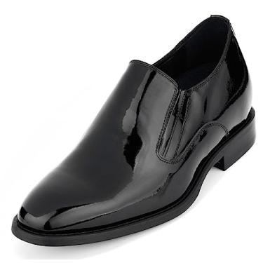 Imagem de CALTO Sapato masculino invisível que aumenta a altura – vestido formal Oxford de couro envernizado – 7 cm mais alto, Patente preta sem cadarço, 37