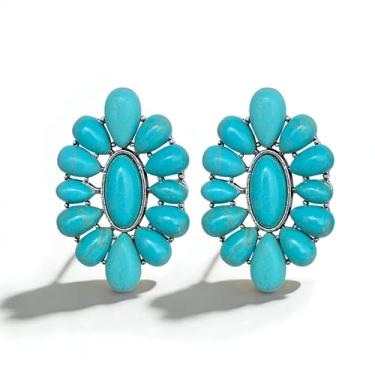 Imagem de TIANHONGYAN Brincos femininos com pingente geométrico oval turquesa ocidental boêmia, estilo caubói ocidental, étnico, gota, joia, Small, Metal, Sem pedra preciosa