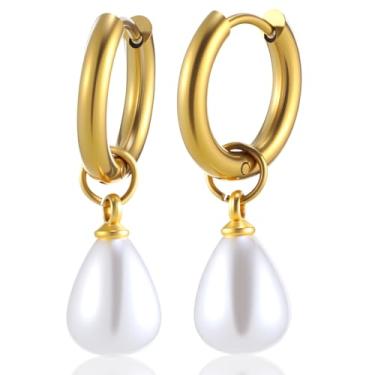 Imagem de Brincos femininos de ouro e pérola modernos banhados a ouro pequeno pingente de pérola brincos de argola leve para dama de honra de casamento, presente de joias para mulheres