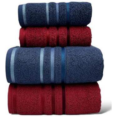 Imagem de Kit 4 Toalhas Banho e Rosto 100% Algodão Gramatura 460g/m² Macias Absorventes Conforto para Uso Diário (Azul e Sangria)