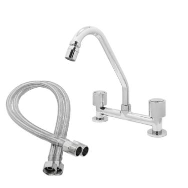Imagem de Kit Torneira Misturador Cozinha Bancada Cromada Bica Móvel 1/4 de Volta Metal + 2 Engates Flexíveis Aço Inox Trançados 60 cm