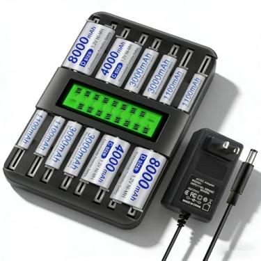 Imagem de Carregador de bateria universal AA AAA C D com 16 compartimentos com 4 pilhas AA AAA, pacote com 2 e bateria D, pacote com 2, adequado para todas as baterias domésticas Ni-MH de 1,2 V