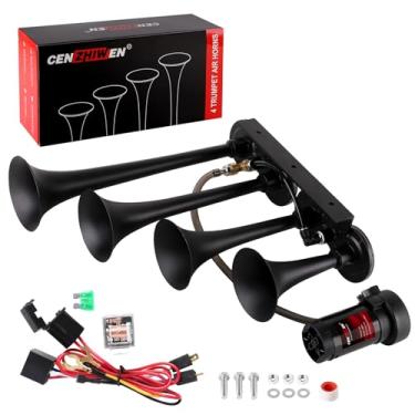 Imagem de Kit de perfuração de buzina de trem, buzinas de ar super alto 12V 150db 4 trompete com compressor adequado para picup/motorhome/SUV/caminhão/trem (4 trompetes com compressor de ar 12 V e botão)
