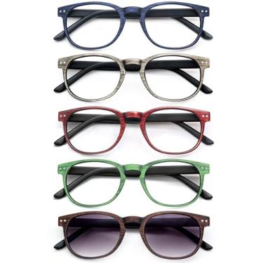 Imagem de HEEYYOK Óculos de leitura masculinos/femininos, pacote com 5, design de aparência de madeira com dobradiça flexível de mola, óculos de sol leves de uso confortável, incluindo 5 bolsas (1,50, pacote