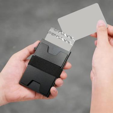 Imagem de Carteira masculina fina de metal de alumínio com placa traseira expansível durável, bolso frontal, porta-cartões de crédito para proteção RFID, presente para namorado, Preto, Moderno