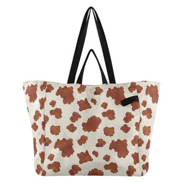 Imagem de SEHANY Sacolas de compras reutilizáveis com estampa de vaca marrom e branca com alças reforçadas, bolsa de compras de lona dobrável à prova d'água de grande capacidade para viagem, cozinha, praia