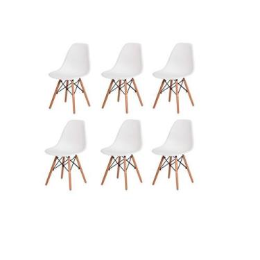 Imagem de Kit com 6 Cadeiras Charles Eames Wood DSW Branca -  Base Madeira - UNI