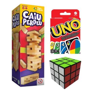 Imagem de Caiu Perdeu Torre  Pais & Filhos Uno Cartas Original Mattel e Cubo Mág